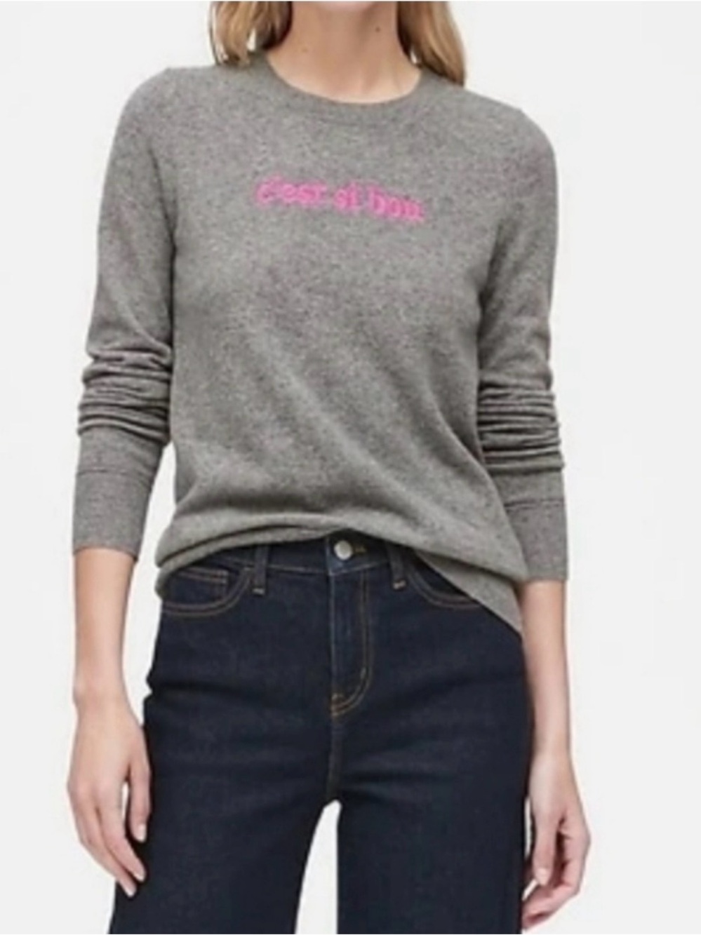 Banana Republic Merino Wool “C’est si bon” Gray Crewneck Sweater Pink Embroidery